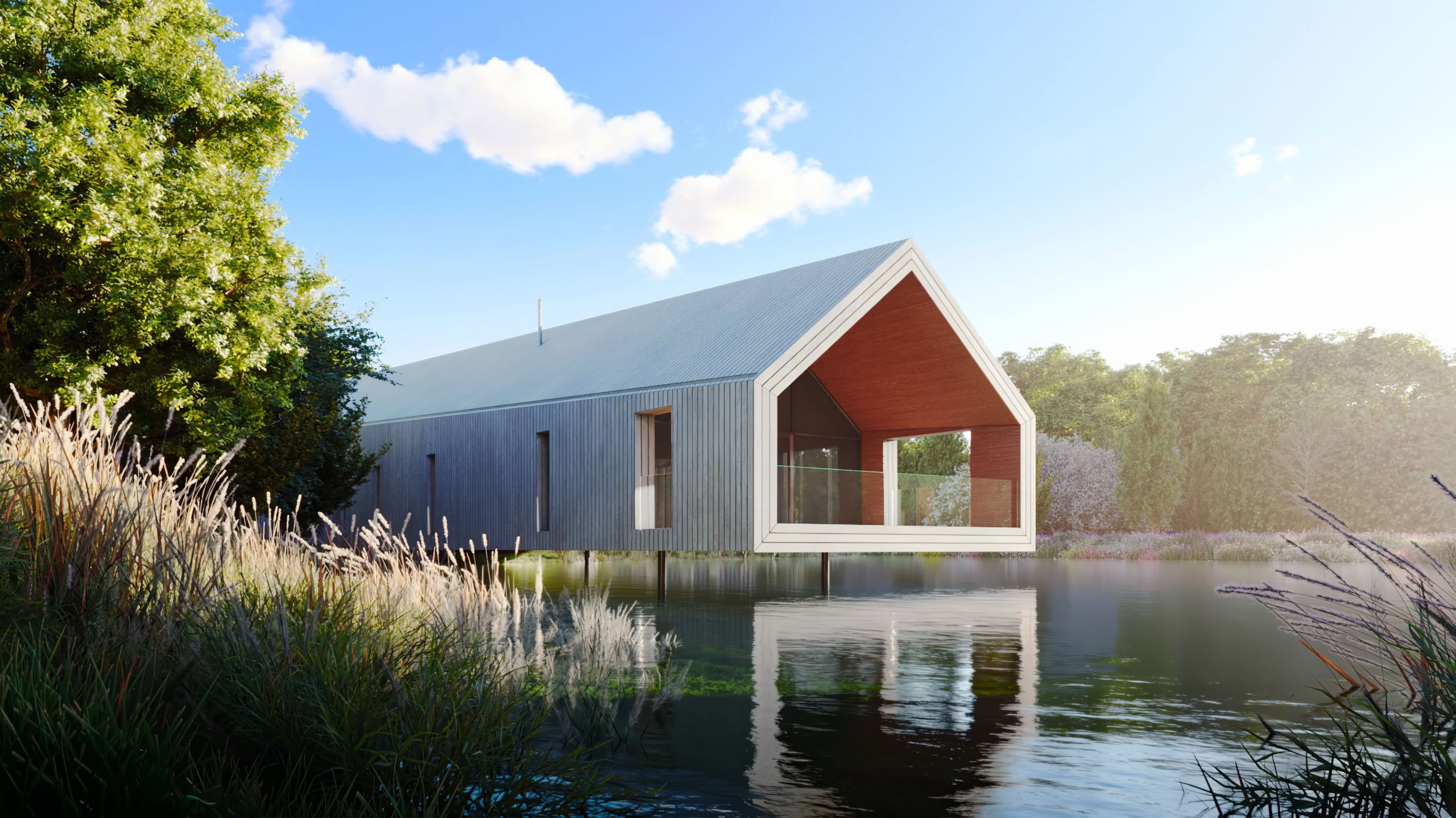 Exterior render of a house on a lake