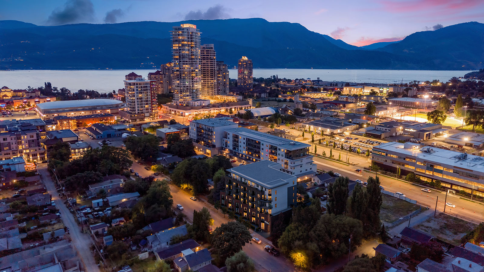 Aerial CGI of a residential building in Vancouver, Canada, showcasing 3D architectural visualisation by Curved Axis