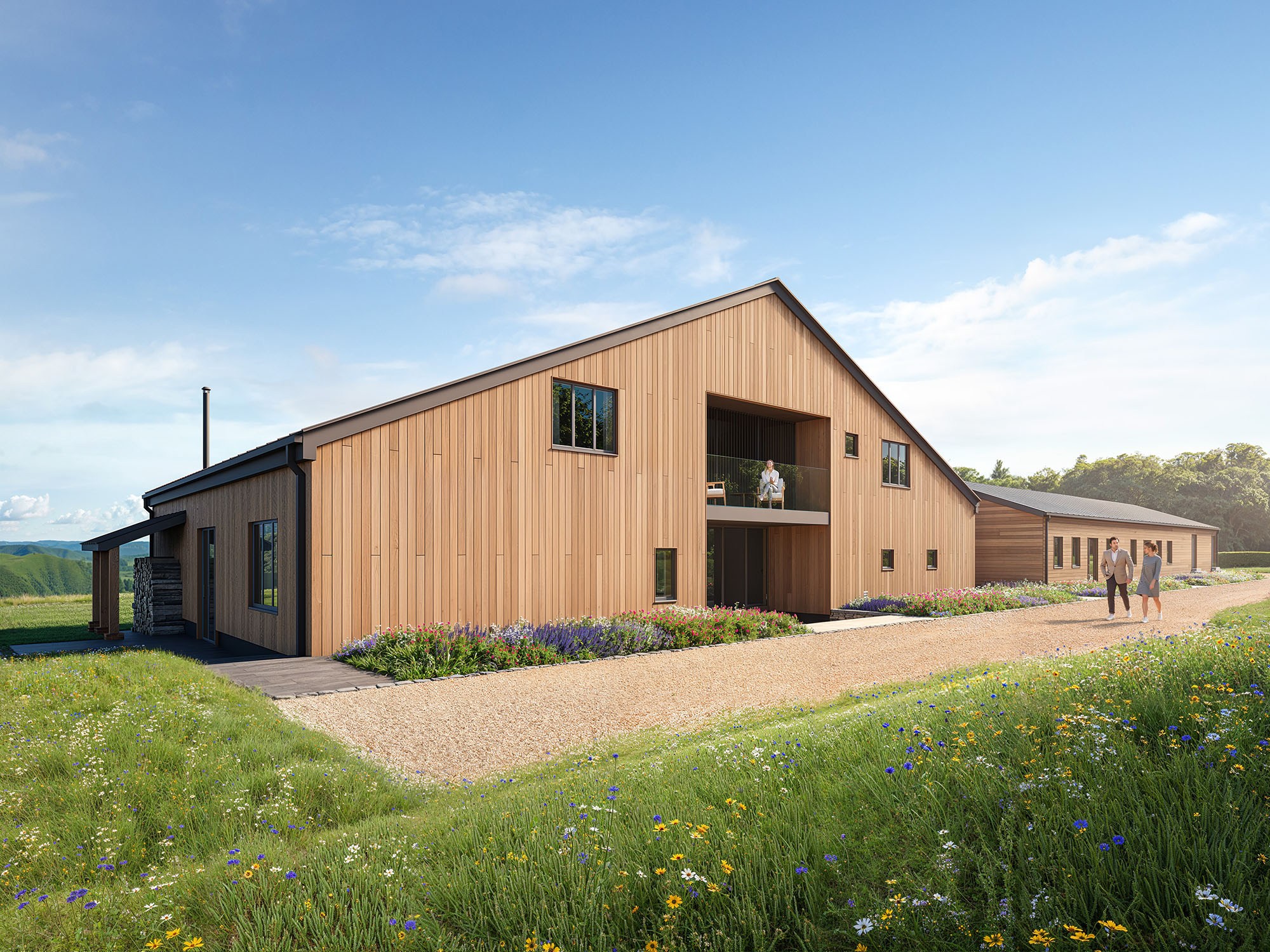 Photorealistic 3D rendering of a modern barn conversion at Foxbury Farm, showcasing architectural visualisation in a rural setting with natural landscaping.