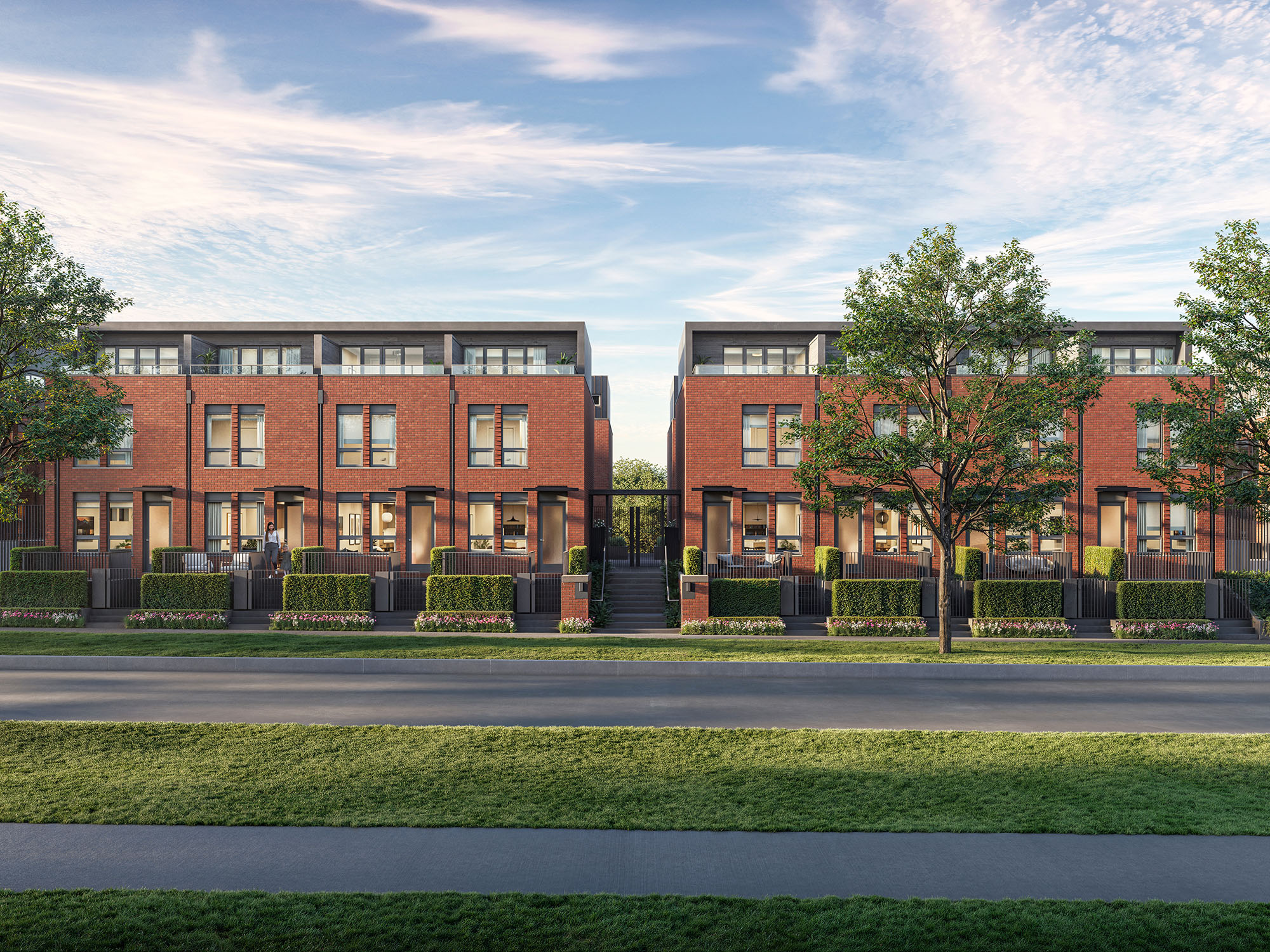 3D architectural rendering of new build townhouses in Vancouver, Canada, highlighting contemporary design with photorealistic exterior visualisation