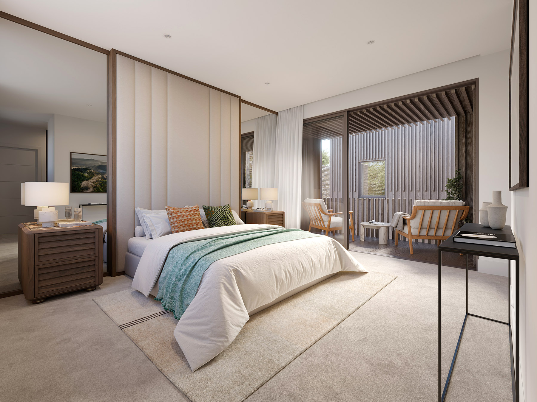 Interior design rendering bedroom with balcony London