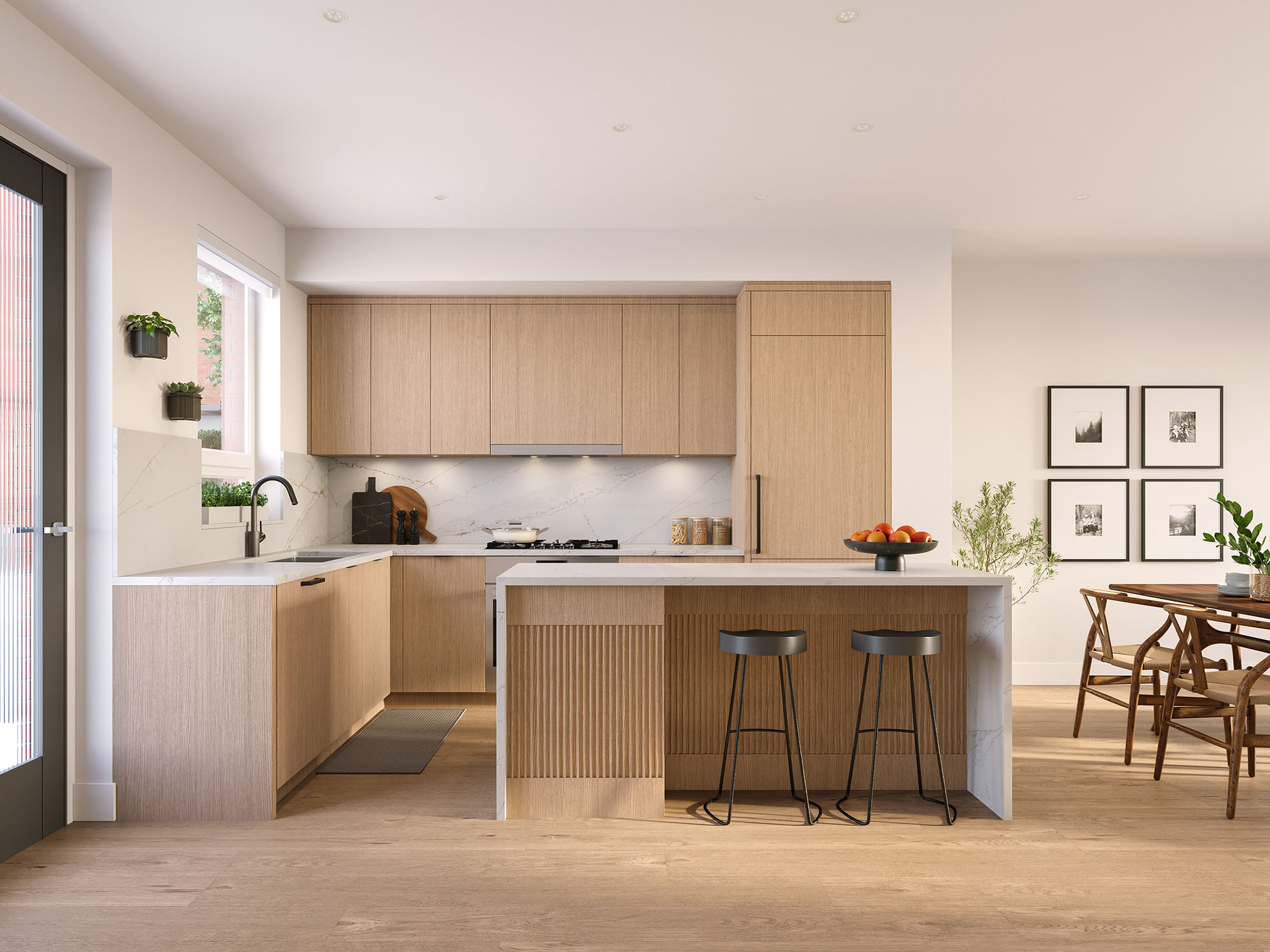 Photorealistic 3D render of a minimalist kitchen with wooden cabinetry, a central island, and bar seating, illuminated by natural light.