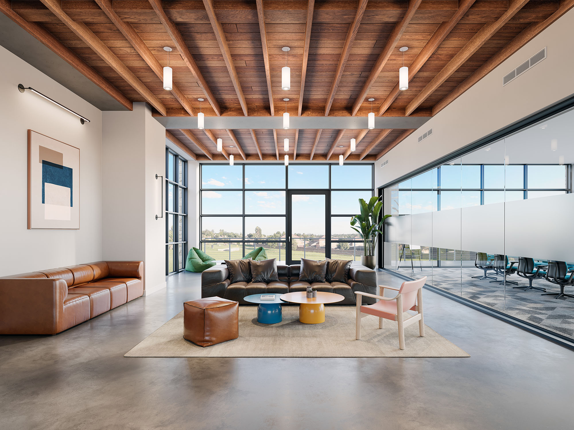 Interior visualization of a spacious office lounge with high ceilings, wood beam accents, and large windows, creating a modern and open work environment.