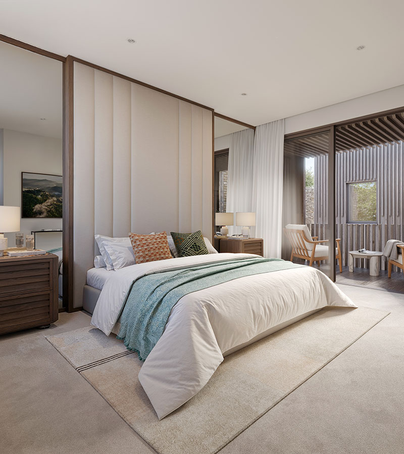 3D render of a luxury bedroom featuring soft, neutral colors, a large bed, and access to a private balcony.