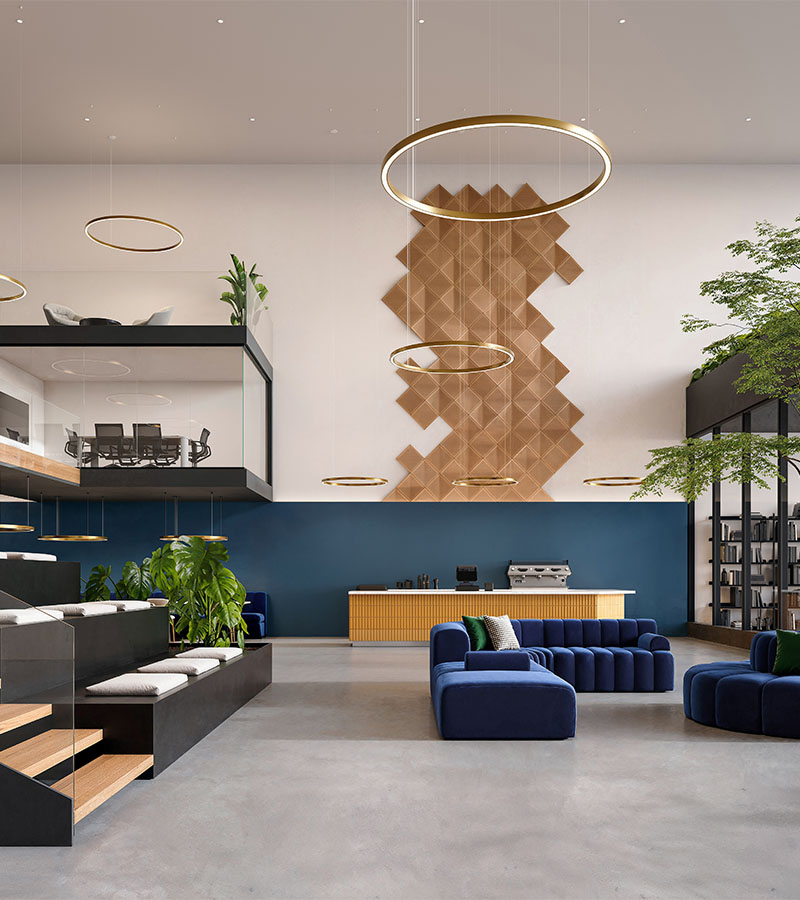 Interior rendering of a high-ceilinged lobby with modern decor, blue seating, and unique geometric wall accents.