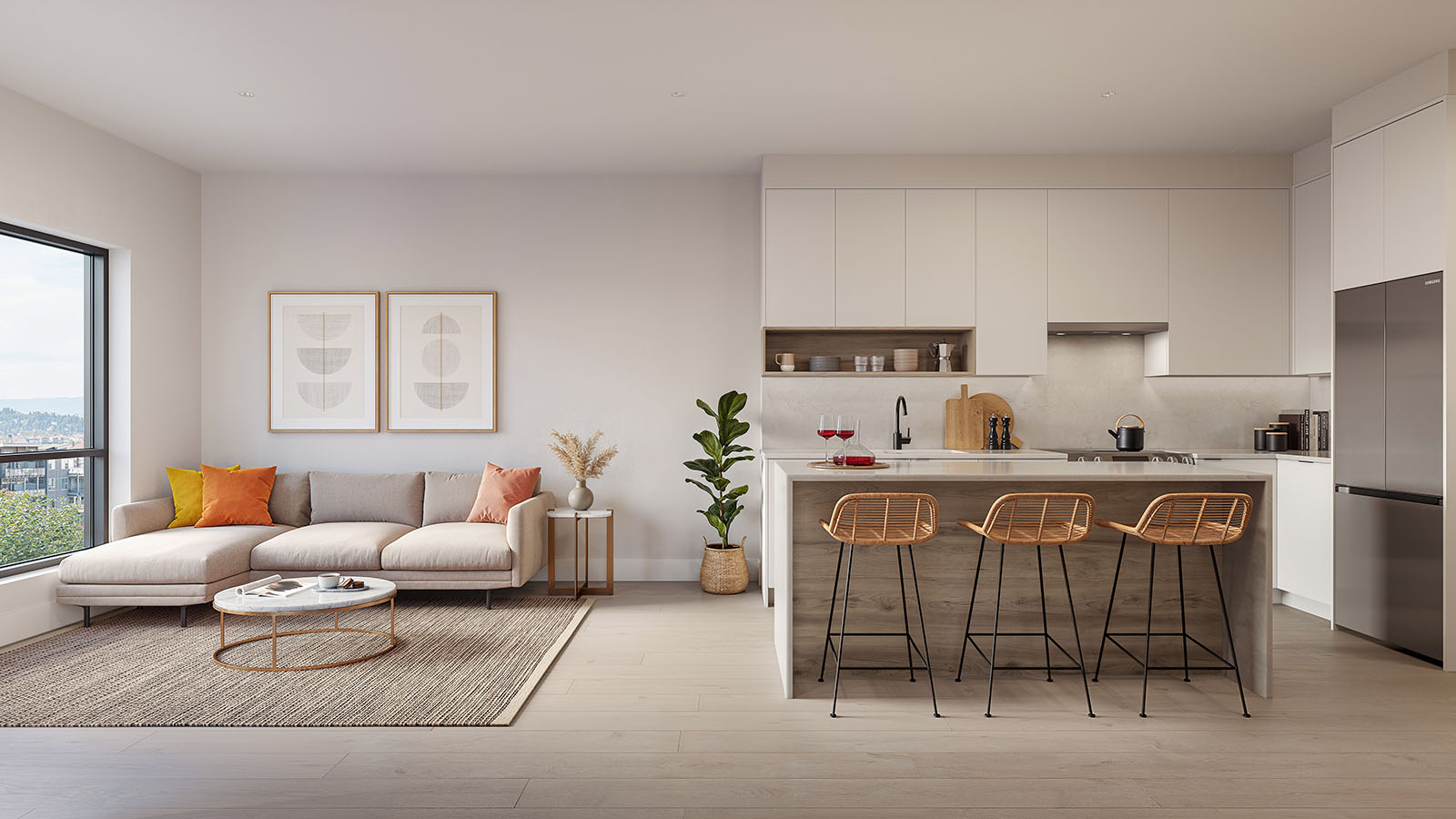 3D interior render of an open-plan living and kitchen space, highlighting a cozy sofa, kitchen island seating, and a bright, minimalist aesthetic